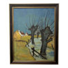 mid th century story in blue landscape oil painting framed