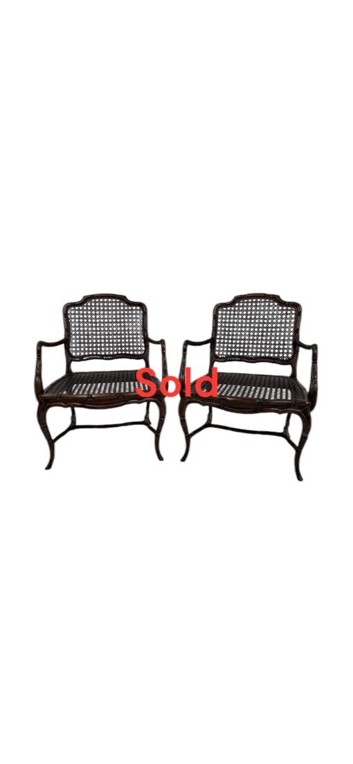 Mid Century French Provincial Country Cane Faux Bamboo Wood Armchairs - a Pair