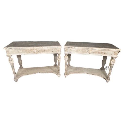 Pair of 19th Century Italian Baroque Style Wood Carved Consoles