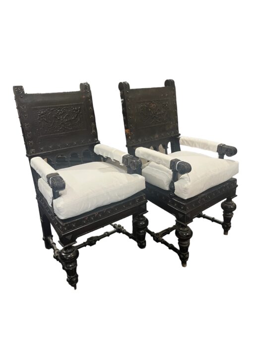 19th Century Pair Spanish Revival Chairs Hand Carved with Embossed Leather